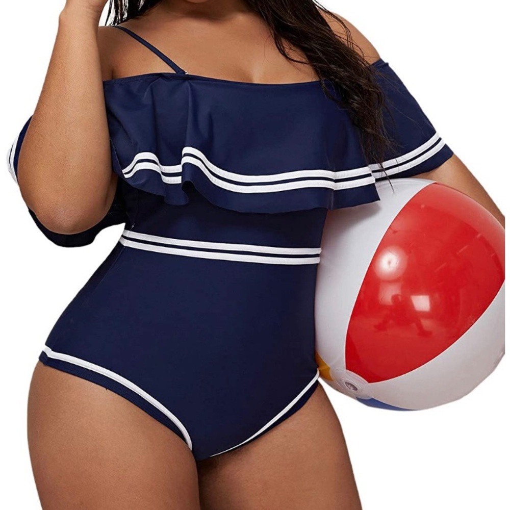 🏊‍♀️🌊Striped Off Shoulder Flounce Swim OnePiece